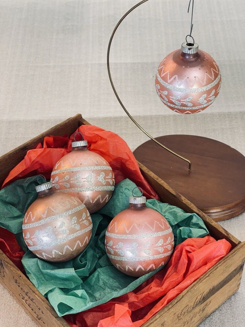 Vintage Shiny Brite Pink Glitter Stenciled Ornaments Lot 4 Mercury Glass USA